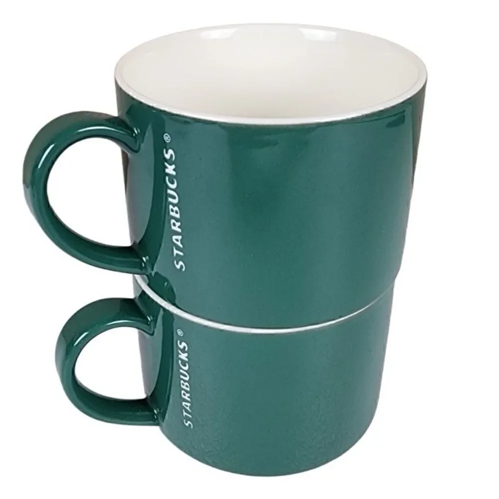 Starbucks- 2 Stacking Matching Forest Green Mugs 12oz from 2014 Collection